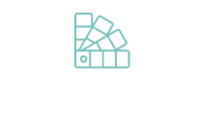 Symbol eines Farbfächers mit mehreren Farbmustern vor einem weißen, unregelmäßigen Hintergrund.